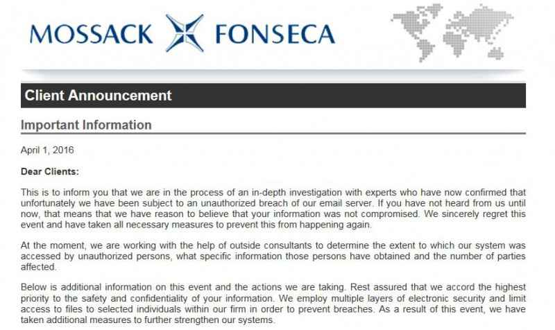 Comunicado de mossack fonseca a sus clientes sobre una posible filtración de información confidencial