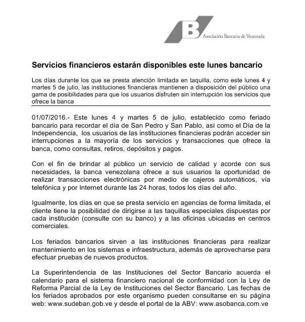 Comunicado de la Asociación Bancaria de Venezuela 
