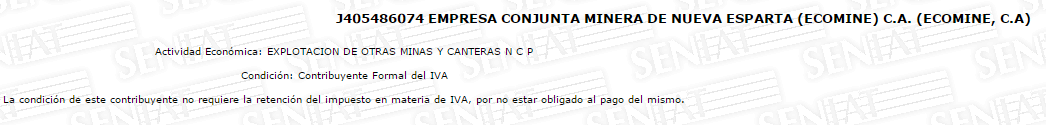 Datos correspondientes a Ecomine C.A. de acuerdo con la página del Seniat