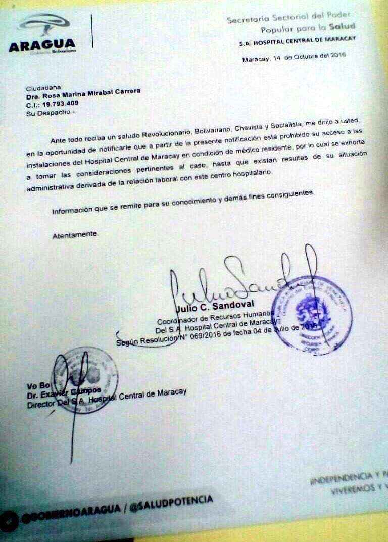 Carta entregada a las doctoras