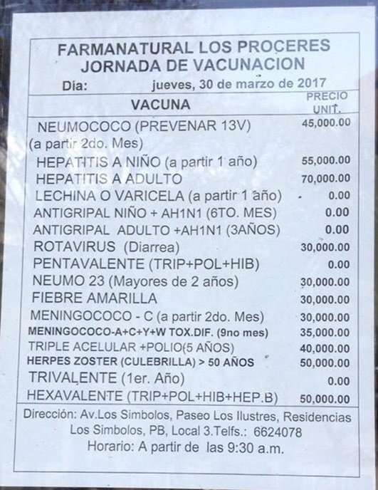 Precios jornada de vacunación 