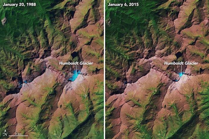 Imágenes comparativas de la masa glaciar sobre el Pico Humboldt entre el 20 de enero de 1988 y el 6 de enero de 2015. Foto: NASA Earth Observatory.