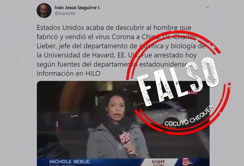 Es cierto que el profesor de la Universidad de Havard Charles Lieber fue arrestado, pero su detención no fue por fabricar y vender el coronavirusa China