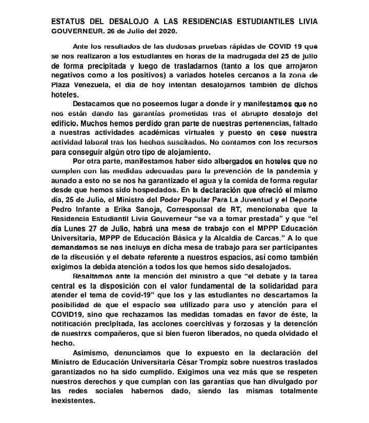 comunicado estatus residencias estudiantiles domingo 26 de julio