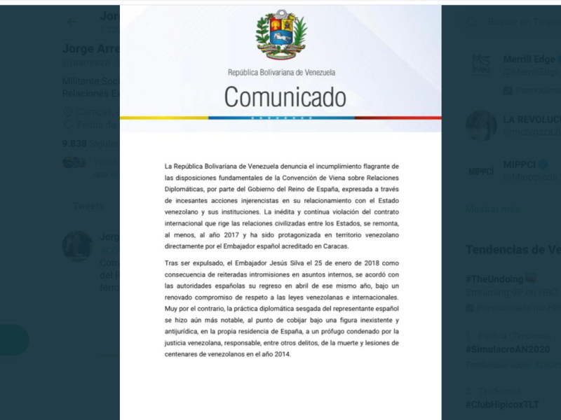 Arreaza emite comunicado sobre fuga de López