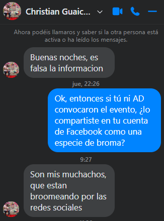 Captura de pantalla de la conversación con Christian Guaicara entre el jueves 19 de noviembre y el viernes 20 de noviembre