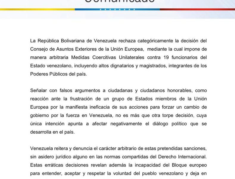 Cancillería venezolana rechaza nuevas sanciones de la Unión Europea