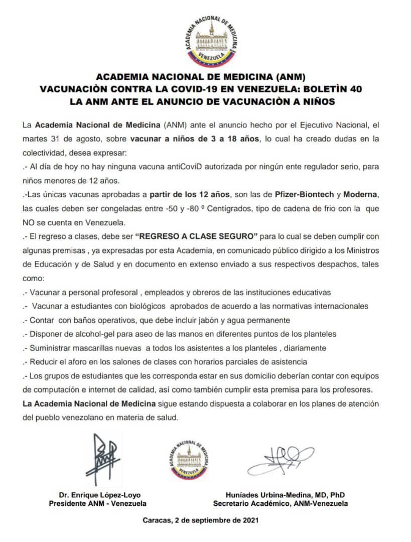 Academia de Medicina: Aún no hay vacunas anticovid autorizadas para niños menores de 12 años