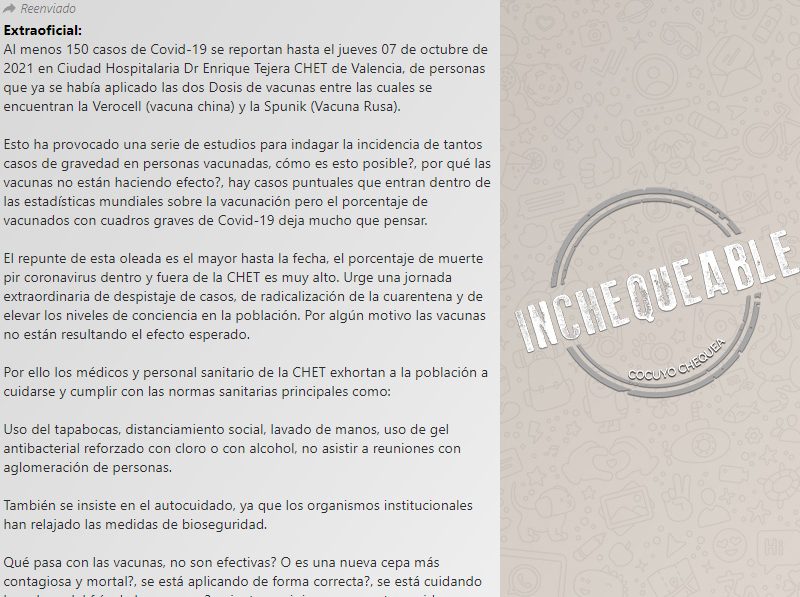 Cadena dice que supuestamente ingresaron hasta el 7 de octubre más de 150 personas a la CHET con doble vacunación contra el COVID-19