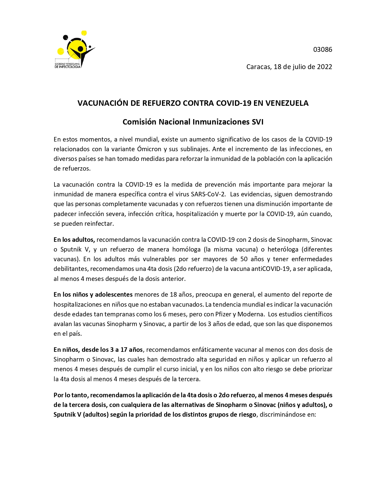Comunicado de la Sociedad de Infectología sobre vacunación de refuerzo