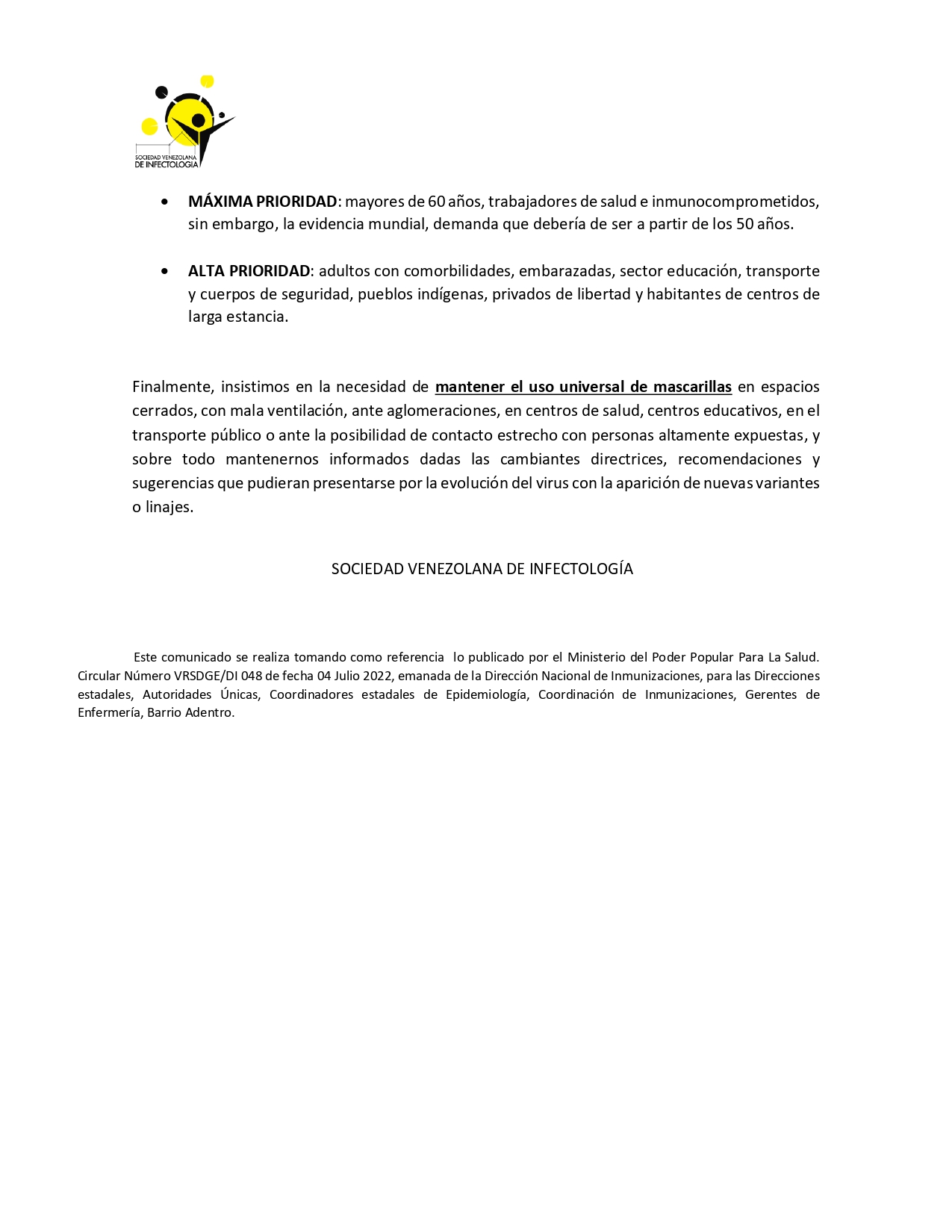 Comunicado de la Sociedad de Infectología sobre vacunación de refuerzo