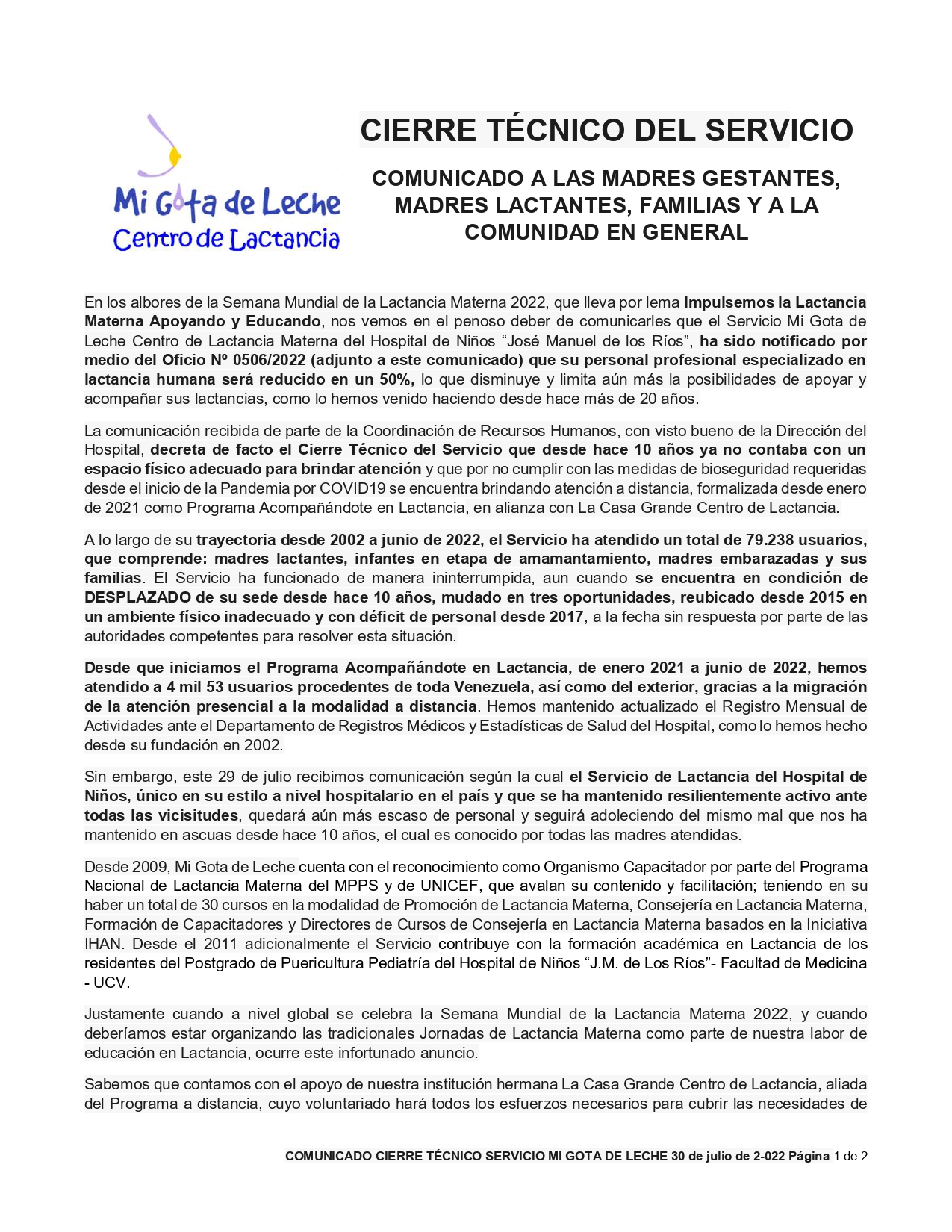 Parte del comunicado de Mi Gota de Leche