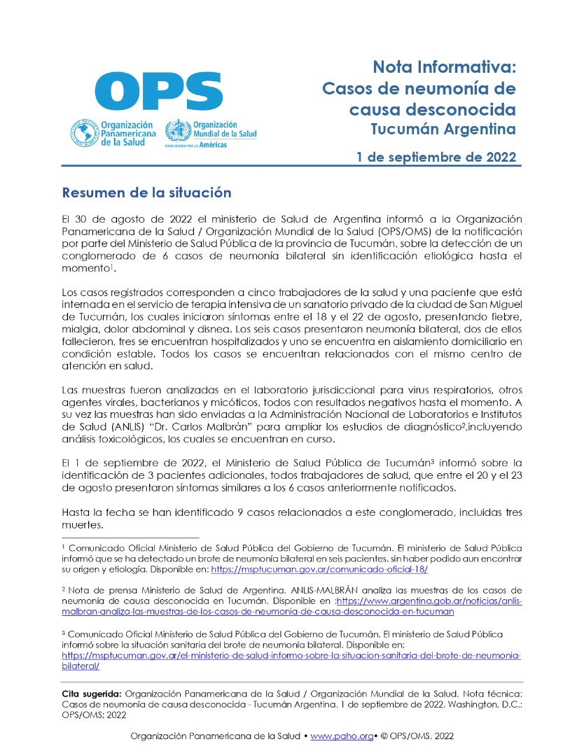 Comunicado de la OPS sobre los casos de neumonía en Argentina
