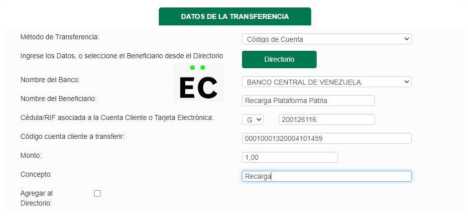 Recargar el Monedero Patria