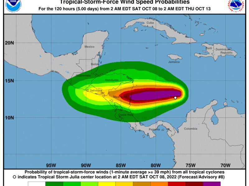 Julia será huracán esta noche cuando pase por una archipiélago colombiano