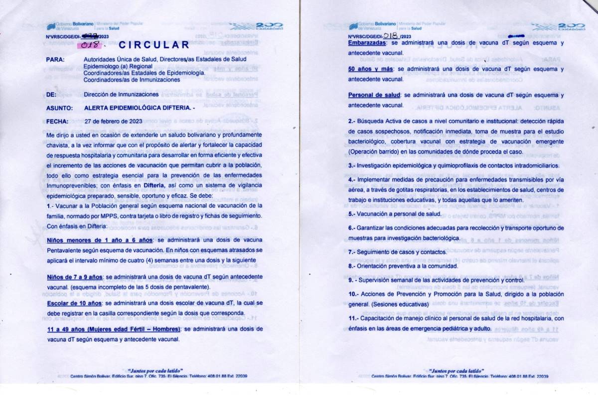 difteria en Venezuela: alerta epidemiológica del ministerio 