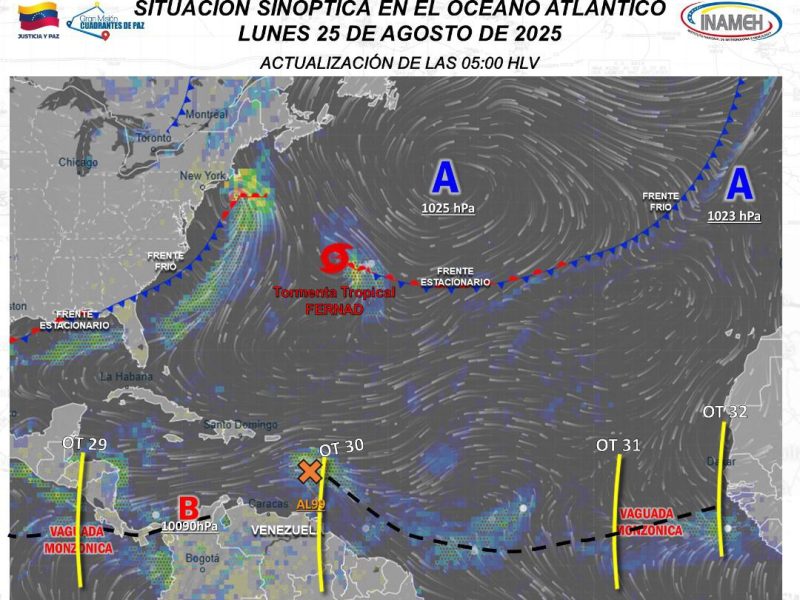 Onda tropical número 30 reforzará lluvias este lunes 25 de agosto