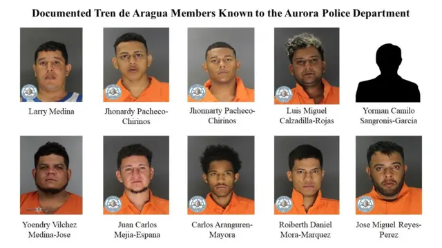 Imagen en la que aparecen las fotos de una decena de personas vestidas de naranja y divulgada por la Policía de la localidad de Aurora como supuestos miembros del Tren de Aragua.