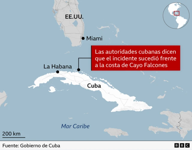 Mapa de Cuba con el punto en el que se produjo el incidente.